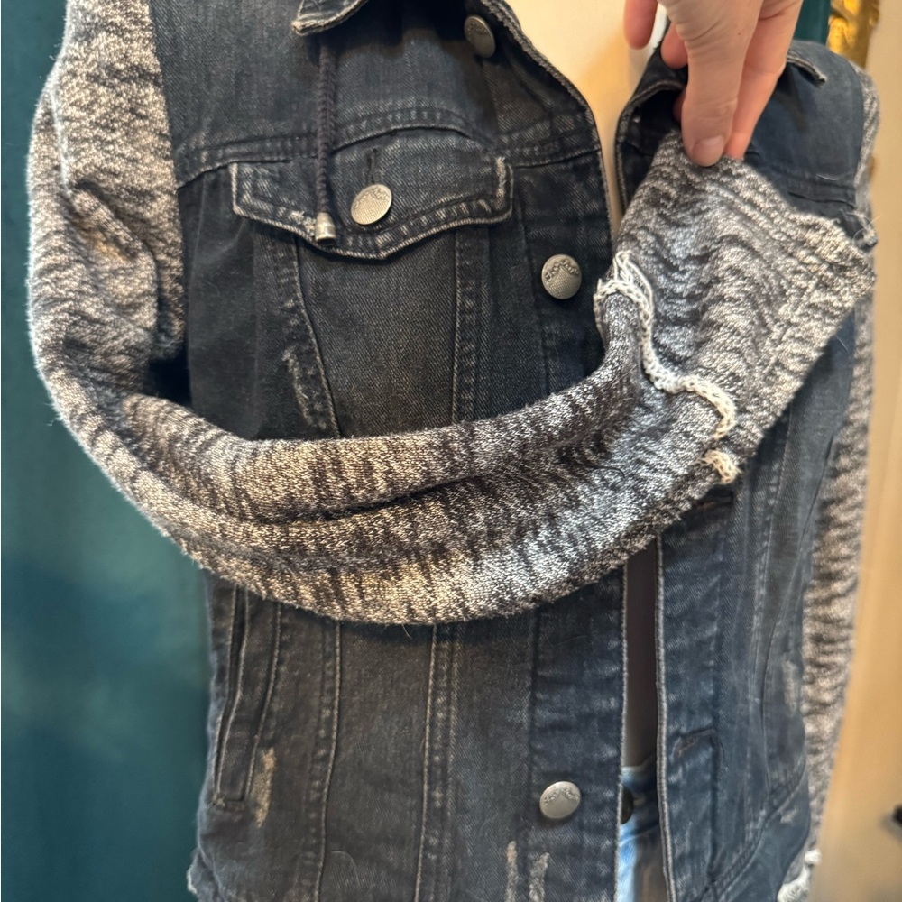 Free People Black Denim Jacket with Gray Knit Sleeves - Picture 2 of 4